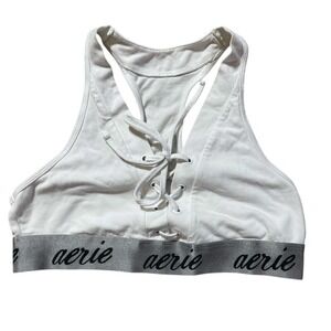 Aerie Women's White Gray Tie‎ Front Sports Bra Size Medium Racerback Logo Band